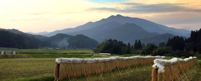 収穫の終わった田園から紫尾山を見上げた写真