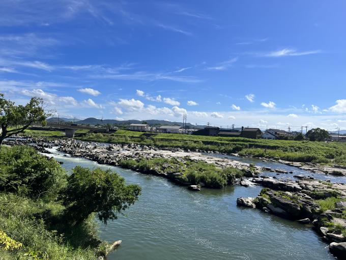 青空の下、緑の川辺と穏やかな川、遠くに橋が映る写真