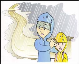 雨具を着用した男性と子供が大雨の中、反乱間近の河川の横を避難している様子のイラスト