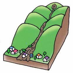 土石流が山間を通ってふもとの住居を飲み込んでいるイラスト