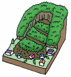 山の真ん中がふもとに向かって地すべりを起こし、住居を飲み込んでいるイラスト