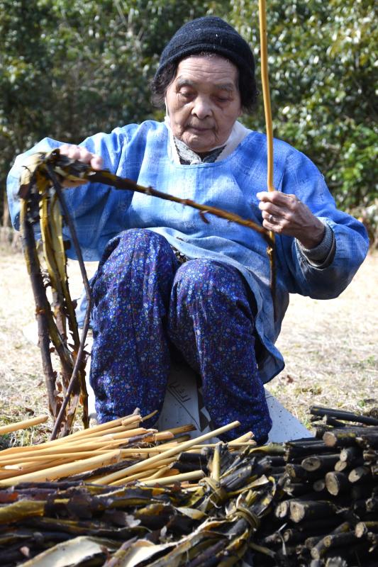 高齢の女性が座って梶の皮を剥いでいる写真