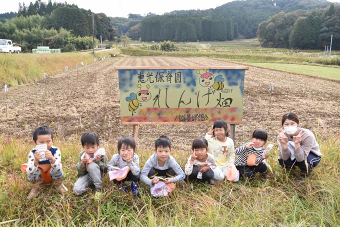れんげ畑の看板の前に座って記念撮影をする園児たちの写真