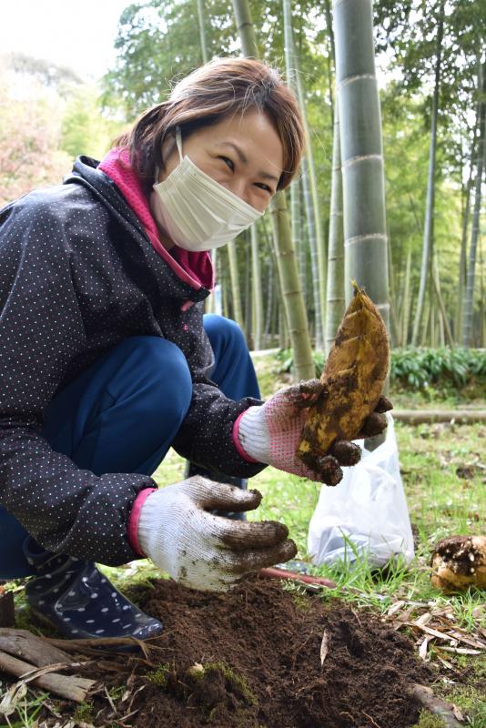 掘り起こしたタケノコを手に持って笑う女性の写真
