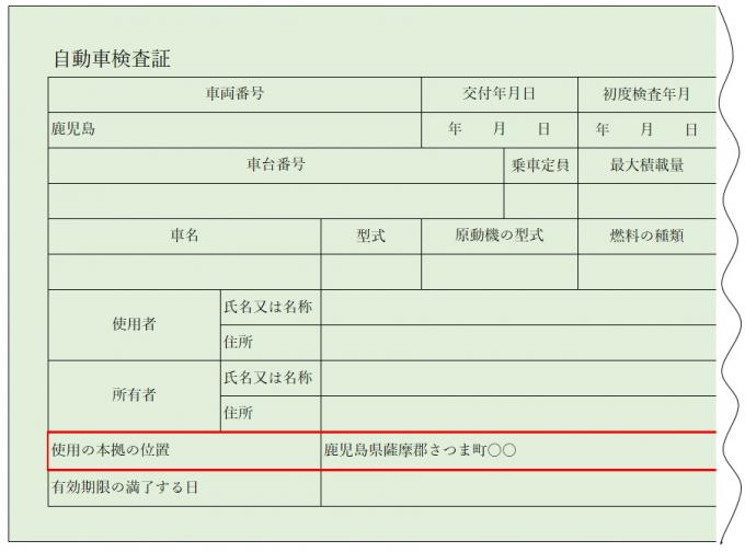 自動車検査証に記載されている使用本拠地