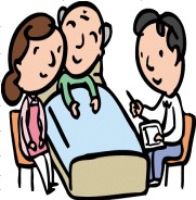 入院中の男性と家族に調査員が訪問して聞き取りしているイラスト