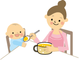 母が赤ちゃんに離乳食を食べさせている様子のイラスト