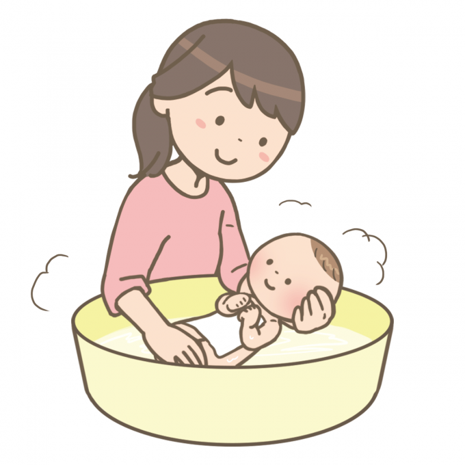 女性が赤ちゃんの沐浴をしているイラスト