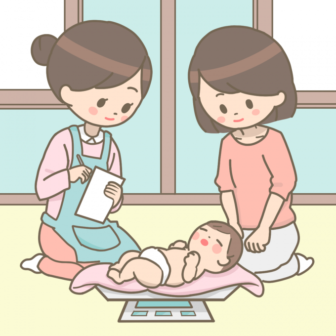 乳幼児の体重を測定、記録している助産師とそれを見守る母親のイラスト