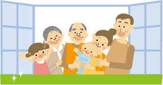 祖父母と喜んでいる女の子と赤ちゃんを抱く母に寄り添う父のイラスト