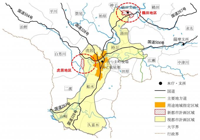 新たに指定される都市計画区域（鶴田地区、虎居地区）の地図