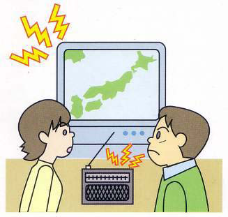 家の中で、台風に備えテレビやラジオで情報収集をしている男女2人のイラスト