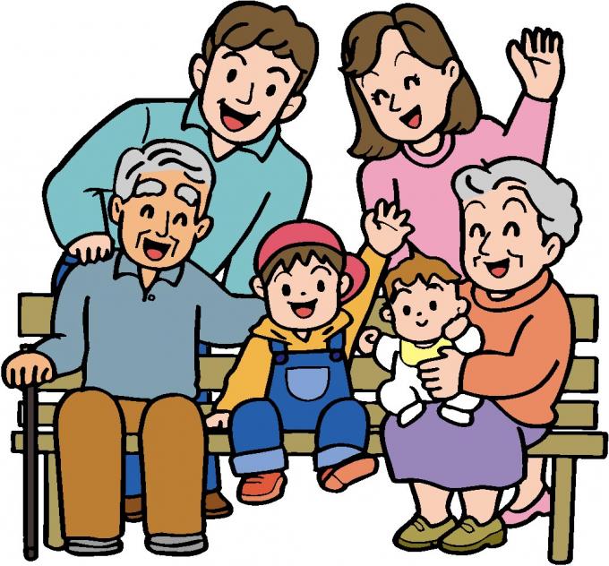 祖父母と男の子と赤ちゃんが笑顔でベンチに座っていて、それを笑顔で囲む両親イラスト